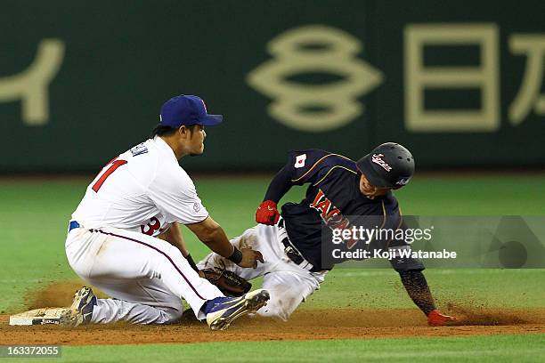 Infielder Takashi Toritani of Japan steals a base in the top half of the tenth inning during the World Baseball Classic Second Round Pool 1 game...