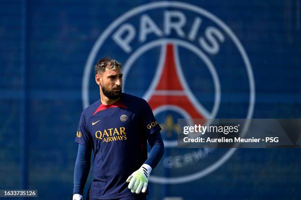 Gianluigi Donnarumma looks on during a Paris Saint-Germain training session at Campus PSG on August 23, 2023 in Paris, France.