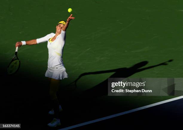 Maria Kirilenko of Russia serves to Christina McHale during day 3 of the BNP Paribas Open at Indian Wells Tennis Garden on March 8, 2013 in Indian...
