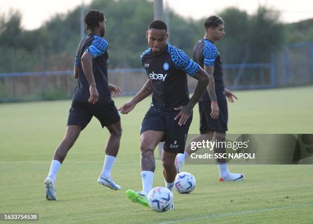 Bernardo Natan of Napoli in action during a training session on August 23, 2023 in Naples, Italy.