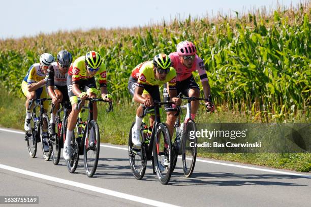 Alessandro Covi of Italy and UAE Team Emirates, Jonas Rutsch of Germany and Team EF Education-Easypost, Cériel Desal of Belgium and Team Bingoal WB,...