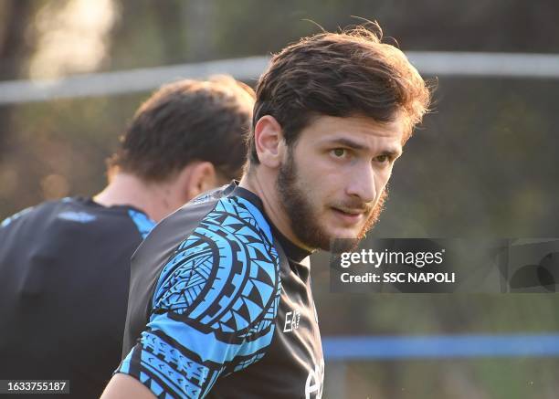 Khvicha Kvaratskhelia of Napoli in action during a training session on August 23, 2023 in Naples, Italy.