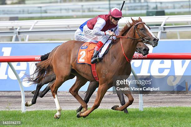 Craig WIlliams riding Montsegur wins the TBV Thoroughbred Breeders Stakes during Super Saturday at Flemington Racecourse on March 9, 2013 in...