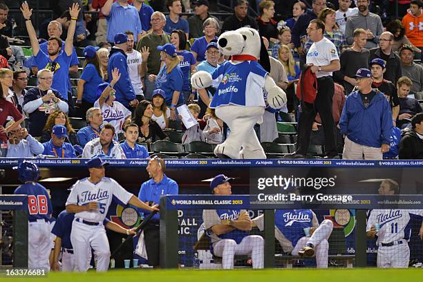 Snoopy is seen on top of the Team Italy dugout during Pool D, Game 2 between Team Canada and Team Italy at Chase Field on Friday, March 8, 2013 in...