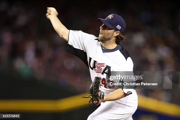 Starting pitcher R.A. Dickey of the United States throws a pitch against Mexico during the World Baseball Classic First Round Group D game at Chase...