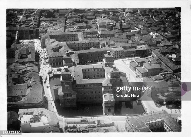 Ancient city of Ferrara, Italy from the air, 1955.