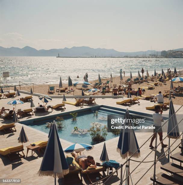 Pool of waterliles on the beach at Cannes, France, circa 1970.