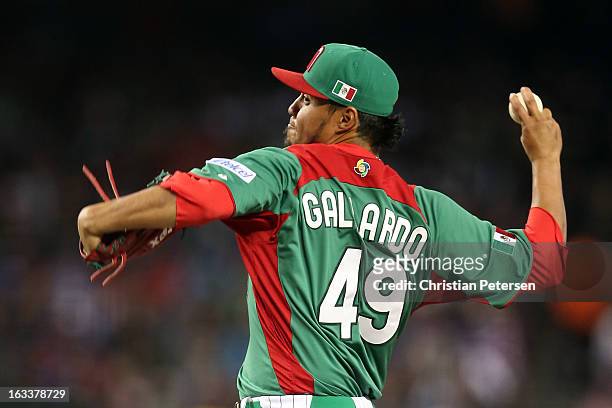 Yovani Gallardo#49 of Mexico throws a pitch against the United States during the World Baseball Classic First Round Group D game at Chase Field on...