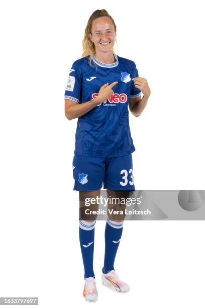 Fabienne Dongus poses during the team presentation of TSG Hoffenheim Women's at Dietmar-Hopp Stadium on August 22, 2023 in Sinsheim, Germany.