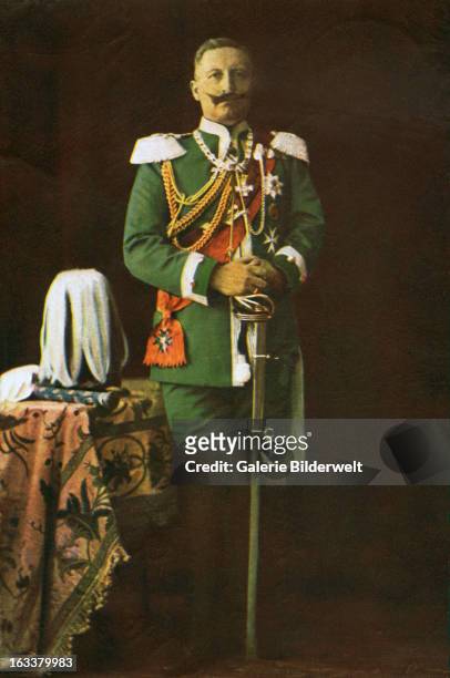 Kaiser Wilhelm II , German Emperor and King of Prussia, in dress uniform with sword. 1915. Berlin. Painting or color photograph on a postcard.