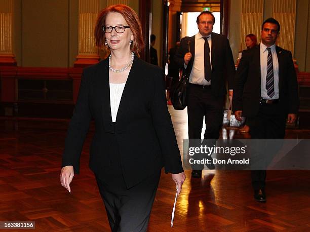 Prime Minister Julia Gillard arrives for the public memorial for Peter Harvey at Sydney Town Hall on March 9, 2013 in Sydney, Australia. Television...