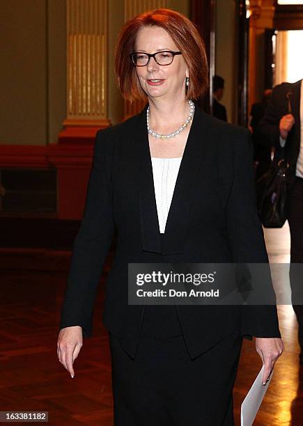 Prime Minister Julia Gillard arrives for the public memorial for Peter Harvey at Sydney Town Hall on March 9, 2013 in Sydney, Australia. Television...