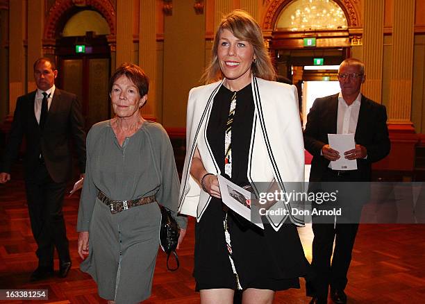 Anne Harvey and Claire Harvey arrive for the public memorial for Peter Harvey at Sydney Town Hall on March 9, 2013 in Sydney, Australia. Television...