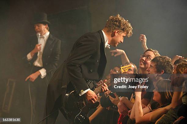 Nicholaus Arson and Pelle Almqvist of The Hives performs onstage in concert at The Vogue on March 4, 2013 in Indianapolis, Indiana.