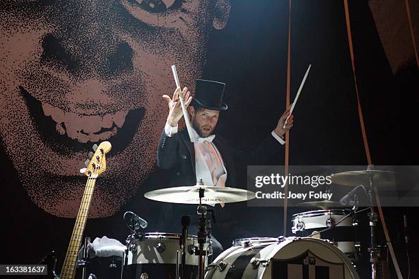 Drummer Chris Dangerous of The Hives performs onstage in concert at The Vogue on March 4, 2013 in Indianapolis, Indiana.