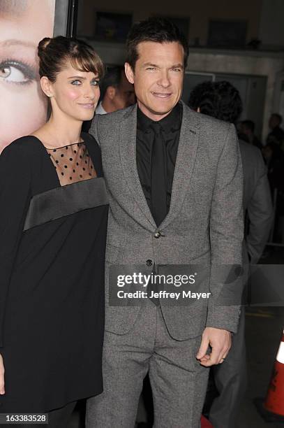 Amanda Peet and Jason Bateman arrive at the 'Identity Thief' Los Angeles premiere at Mann Village Theatre on February 4, 2013 in Westwood, California.