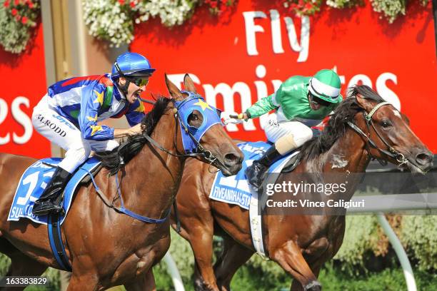 Michael Rodd riding Super Cool wins from Glen Boss riding Fiveandahalfstar in the Darley Australian Cup during Super Saturday at Flemington...