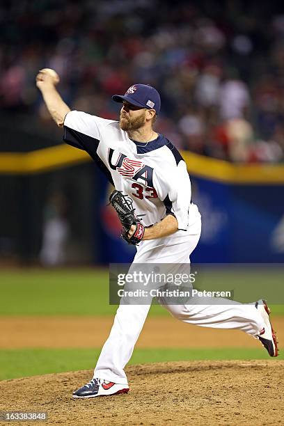 Mitchell Boggs of the United States throws a pitch against Mexico during the World Baseball Classic First Round Group D game at Chase Field on March...