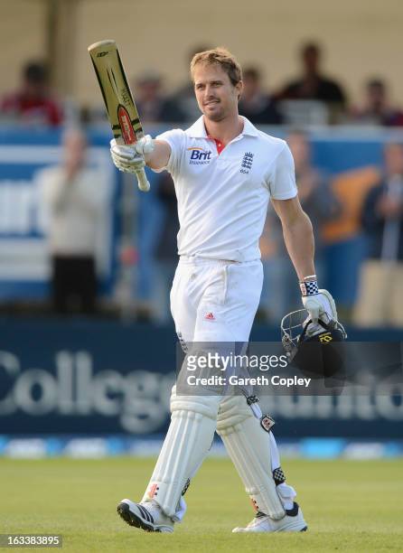Nick Compton of England celebrates reaching his century during day four of the First Test match between New Zealand and England at University Oval on...