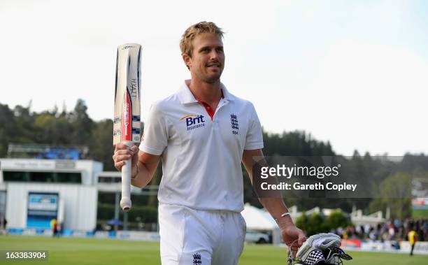 Nick Compton of England leaves the field at the end of day four of the First Test match between New Zealand and England at University Oval on March...