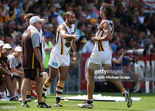 Shaun Burgoyne of the Hawthorn Hawks replaces Matthew Spangher who comes on to the bench during the round three NAB Cup AFL match between the...