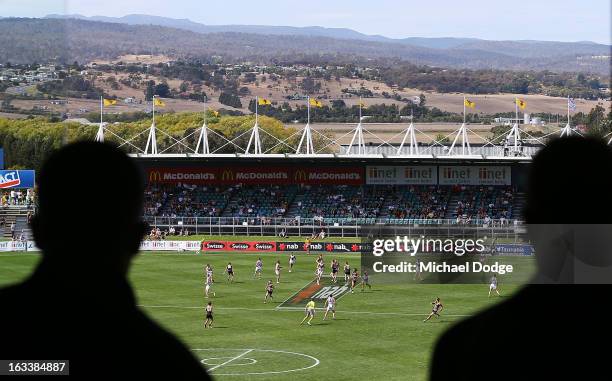 General view from the radio booth during the round three NAB Cup AFL match between the Hawthorn Hawks and the Richmond Tigers at Aurora Stadium on...