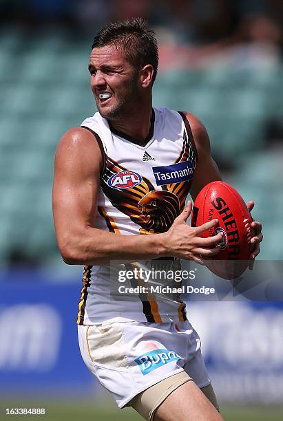 Matthew Suckling of the Hawthorn Hawks looks ahead during the round three NAB Cup AFL match between the Hawthorn Hawks and the Richmond Tigers at...