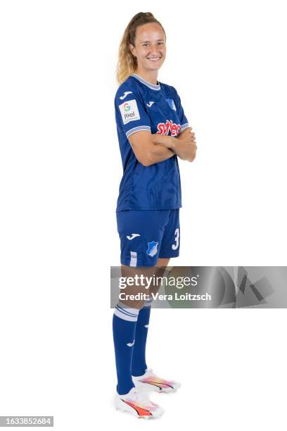 Fabienne Dongus poses during the team presentation of TSG Hoffenheim Women's at Dietmar-Hopp Stadium on August 22, 2023 in Sinsheim, Germany.