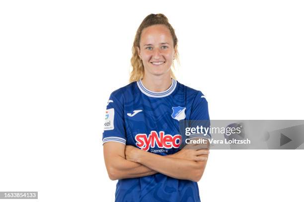 Fabienne Dongus poses during the team presentation of TSG Hoffenheim Women's at Dietmar-Hopp Stadium on August 22, 2023 in Sinsheim, Germany.