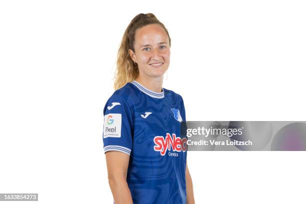 Fabienne Dongus poses during the team presentation of TSG Hoffenheim Women's at Dietmar-Hopp Stadium on August 22, 2023 in Sinsheim, Germany.