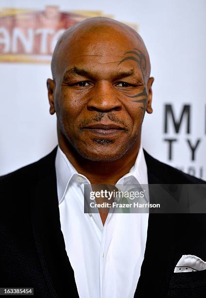 Mike Tyson arrives at the opening Night Of "Mike Tyson: Undisputed Truth" At The Pantages Theatre at the Pantages Theatre on March 8, 2013 in...