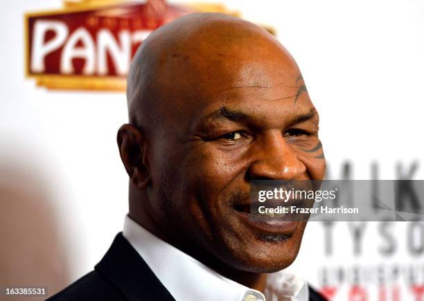 Mike Tyson arrives at the opening Night Of "Mike Tyson: Undisputed Truth" At The Pantages Theatre at the Pantages Theatre on March 8, 2013 in...