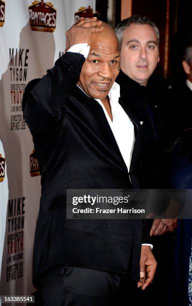 Mike Tyson arrives at the opening Night Of "Mike Tyson: Undisputed Truth" At The Pantages Theatre at the Pantages Theatre on March 8, 2013 in...