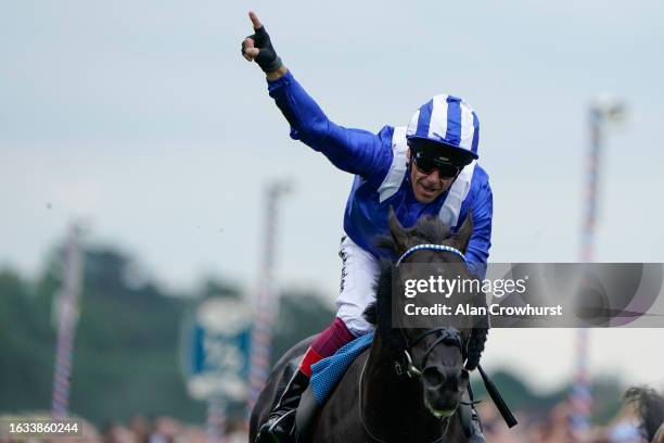 Frankie Dettori riding Mostahdaf win The Juddmonte International Stakes at York Racecourse on August 23, 2023 in York, England.
