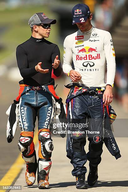 Mark Webber of Australia and Infiniti Red Bull Racing and Casey Stoner of Red Bull Pirtek Holden talk during the Top Gear Festival at Sydney...