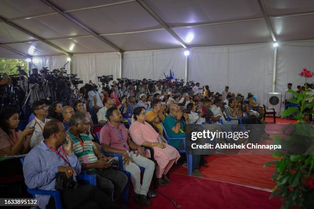 Members of the media watch the successful landing of Chandrayaan-3 mission on the moon inside the ISRO Telemetry Tracking and Command Network...