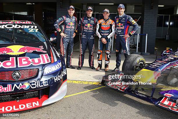 Craig Lowndes of Red Bull Racing Australia Holden, Jamie Whincup of Red Bull Racing Australia Holden, Mark Webber of Australia and Infiniti Red Bull...