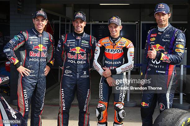 Craig Lowndes of Red Bull Racing Australia Holden, Jamie Whincup of Red Bull Racing Australia Holden, Mark Webber of Australia and Infiniti Red Bull...