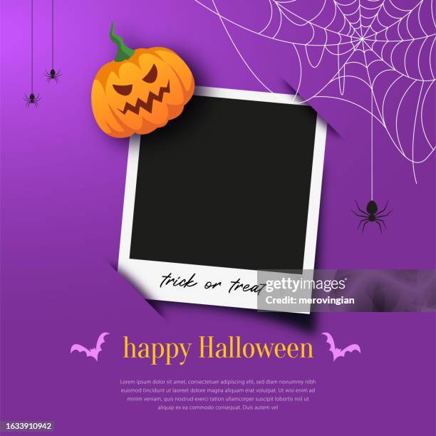 halloween greeting themed photo frame - purple photography background stock illustrations