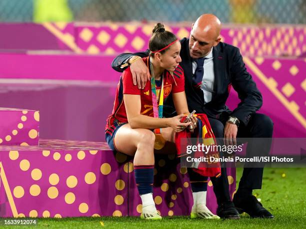 Athenea del Castillo of Spain on the podium next to Royal Spanish Football Federation president Luis Manuel Rubiales Béjar after the winning ceremony...
