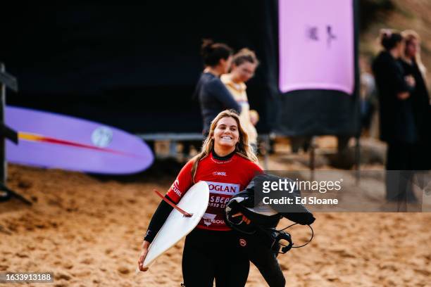 Longboard Champion Soleil Errico of the United States surfs in Heat 2 of the Opening Round at the Bioglan Bells Beach Longboard Classic on August 30,...