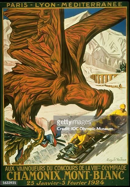 The official poster for the 1924 Winter Olympic games held in Chamonix, France. The poster is in the IOC, Olympic Museum in Lausanne, Switzerland. \...