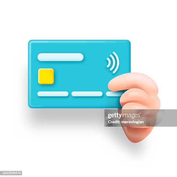 illustrazioni stock, clip art, cartoni animati e icone di tendenza di carta di credito con mano del fumetto per il pagamento online o concetto di pagamento contactless isolato su sfondo bianco - pagamento senza contatto