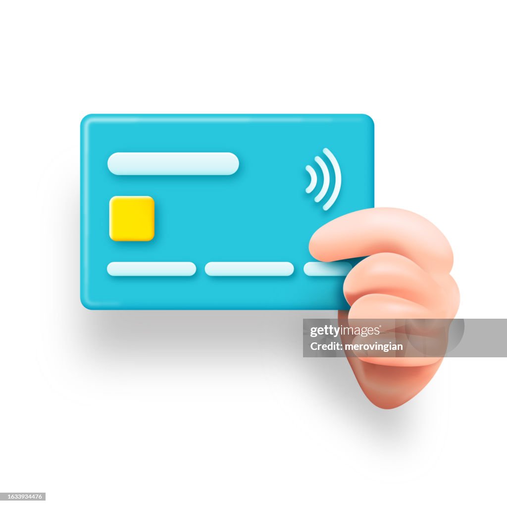 Cartoon hand holding credit card for online payment or contactless payment concept isolated on white background