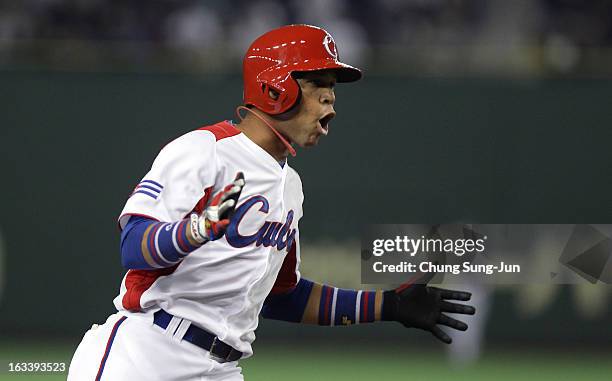 Jose Fernandez of Cuba celebrates after Frederich Cepeda's two run home run bottom in the first inning during the World Baseball Classic Second Round...