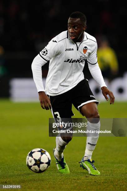 Aly Cissokho of Valencia in action during the Round of 16 UEFA Champions League match between Paris St Germain and Valencia CF at Parc des Princes on...