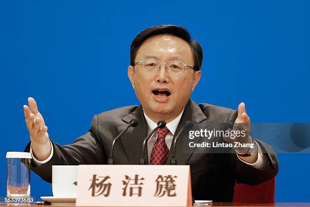 Chinese Foreign Minister Yang Jiechi answers questions during a press conference at the Great Hall of the People on March 9, 2013 in Beijing, China....