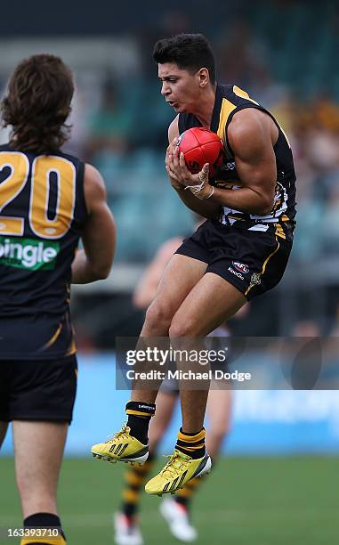Robin Nahas of the Richmond Tigers marks the ball during the round three NAB Cup AFL match between the Hawthorn Hawks and the Richmond Tigers at...