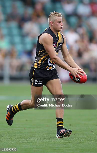 Brandon Ellis of the Richmond Tigers runs with the ball during the round three NAB Cup AFL match between the Hawthorn Hawks and the Richmond Tigers...