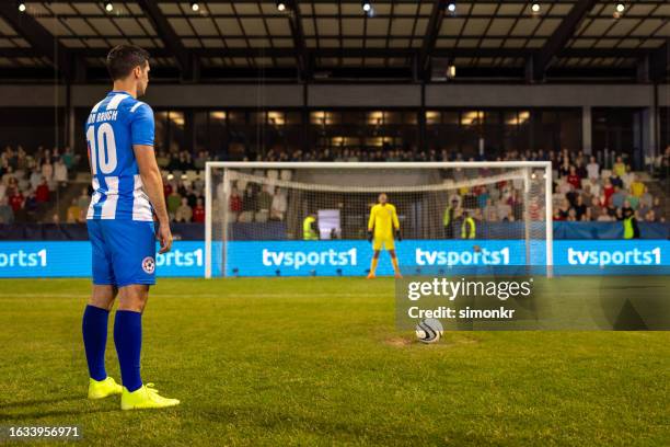 football player standing on football pitch - penalty stockfoto's en -beelden